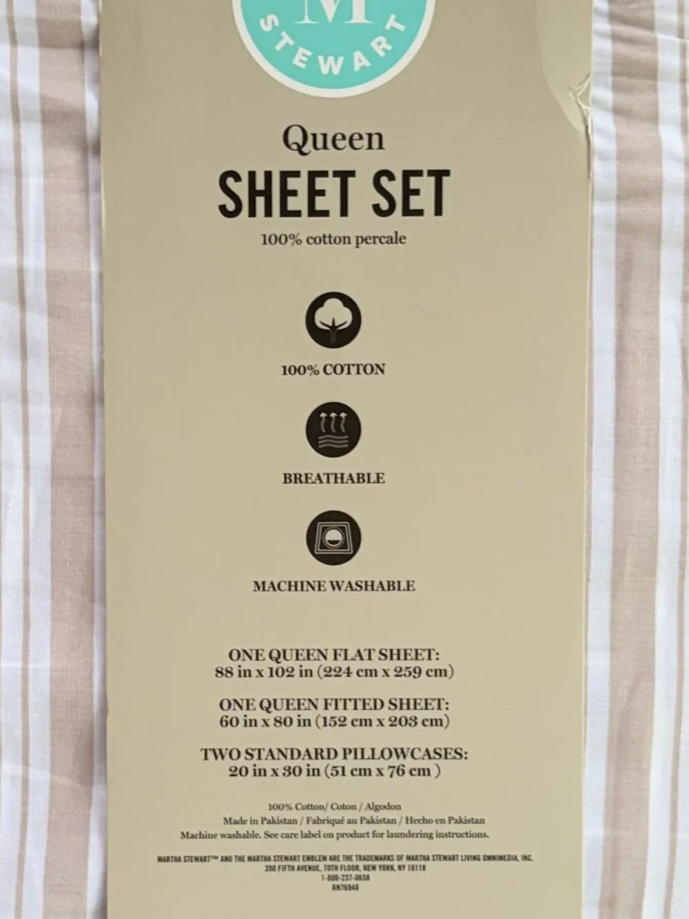 Martha Stewart Queen Size BEIGE BILLIE STRIPE Cotton Percale Sheet Set